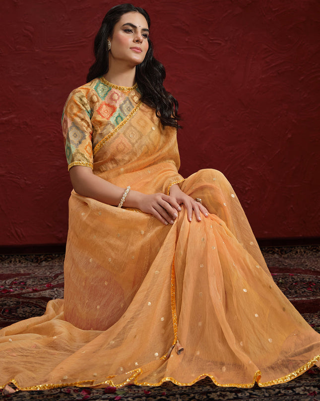 Salmon Orange Jacquard Butti Tusser Designer Wedding Saree