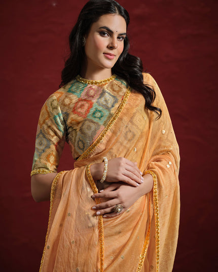 Salmon Orange Jacquard Butti Tusser Designer Wedding Saree