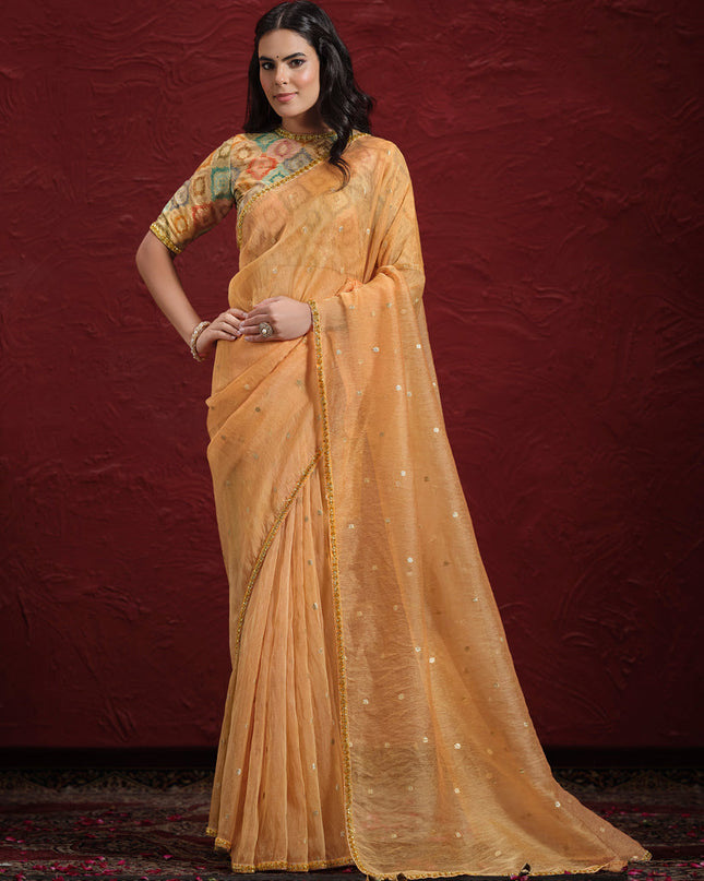 Salmon Orange Jacquard Butti Tusser Designer Wedding Saree