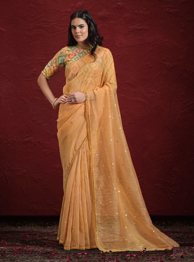 Salmon Orange Jacquard Butti Tusser Designer Wedding Saree