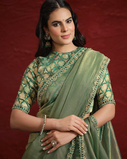 Sage Green Pure Banarasi Zari Designer Wedding Saree
