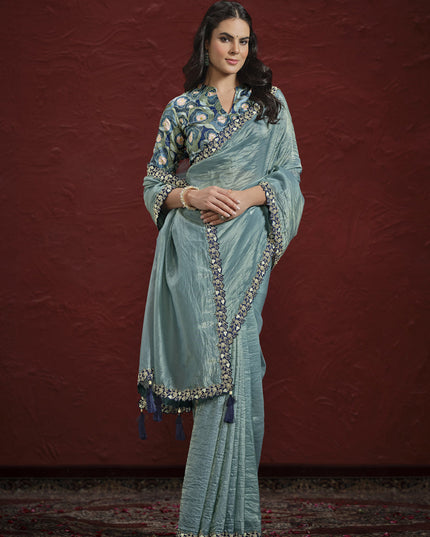 Carolina Blue Paper Silk Designer Wedding Saree