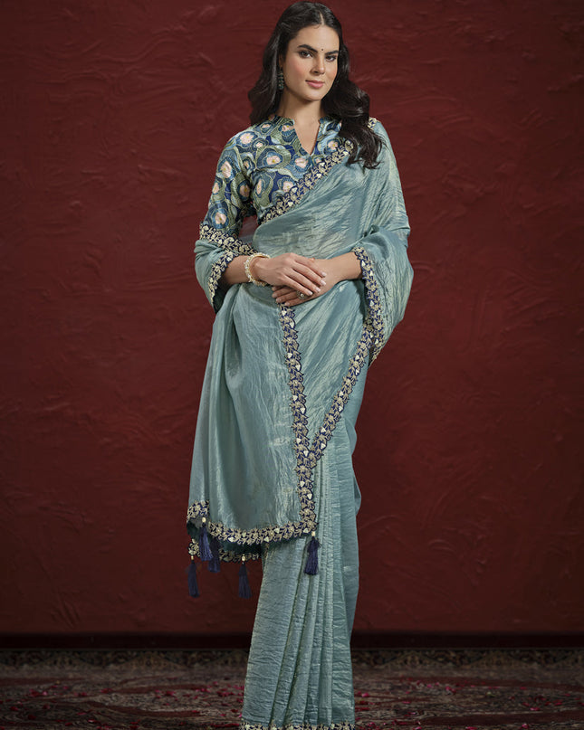 Carolina Blue Paper Silk Designer Wedding Saree