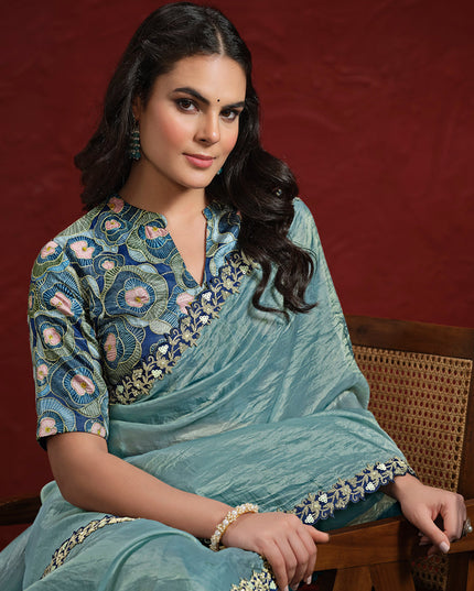 Carolina Blue Paper Silk Designer Wedding Saree