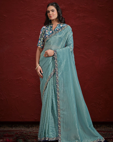 Carolina Blue Paper Silk Designer Wedding Saree