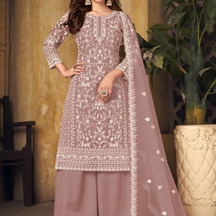 Dashing Rose Gold Net Embroidered Designer Palazzo Kameez