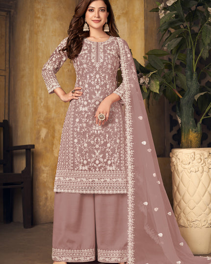 Dashing Rose Gold Net Embroidered Designer Palazzo Kameez