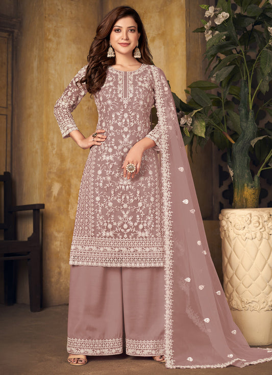 Dashing Rose Gold Net Embroidered Designer Palazzo Kameez