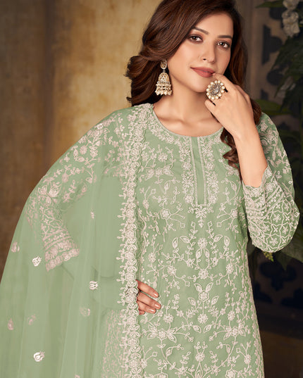Impeccable Mint Green Net Embroidered Designer Palazzo Kameez