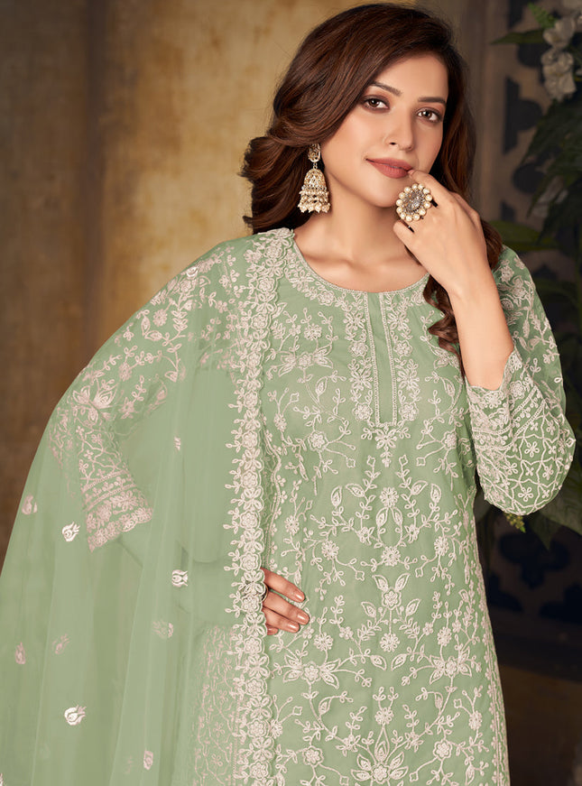Impeccable Mint Green Net Embroidered Designer Palazzo Kameez