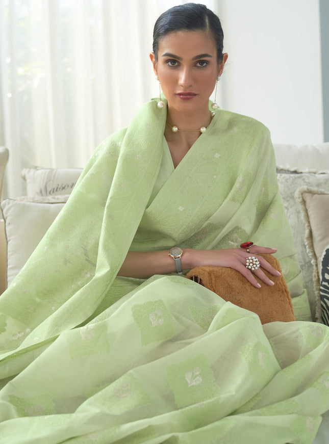 Impeccable Mint Green Chikankari Weaving Saree