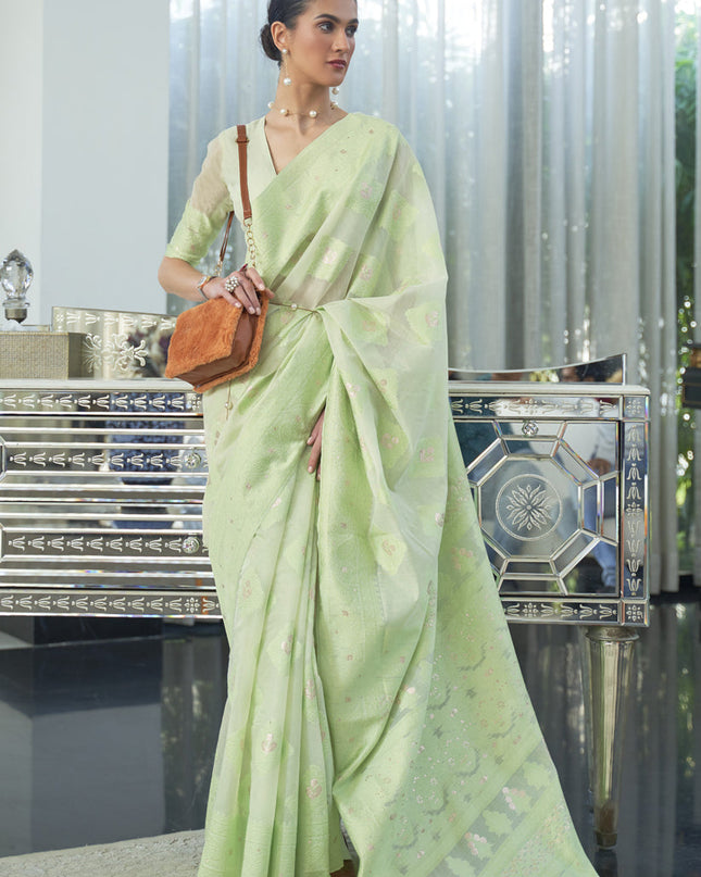 Impeccable Mint Green Chikankari Weaving Saree