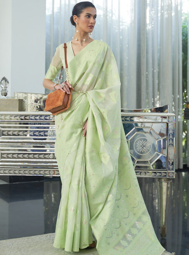 Impeccable Mint Green Chikankari Weaving Saree