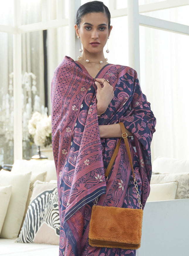 Exquisite Midnight Blue Chikankari Weaving Saree