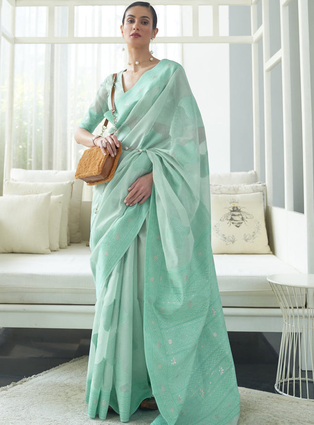 Fabulous Ice Blue Chikankari Weaving Saree