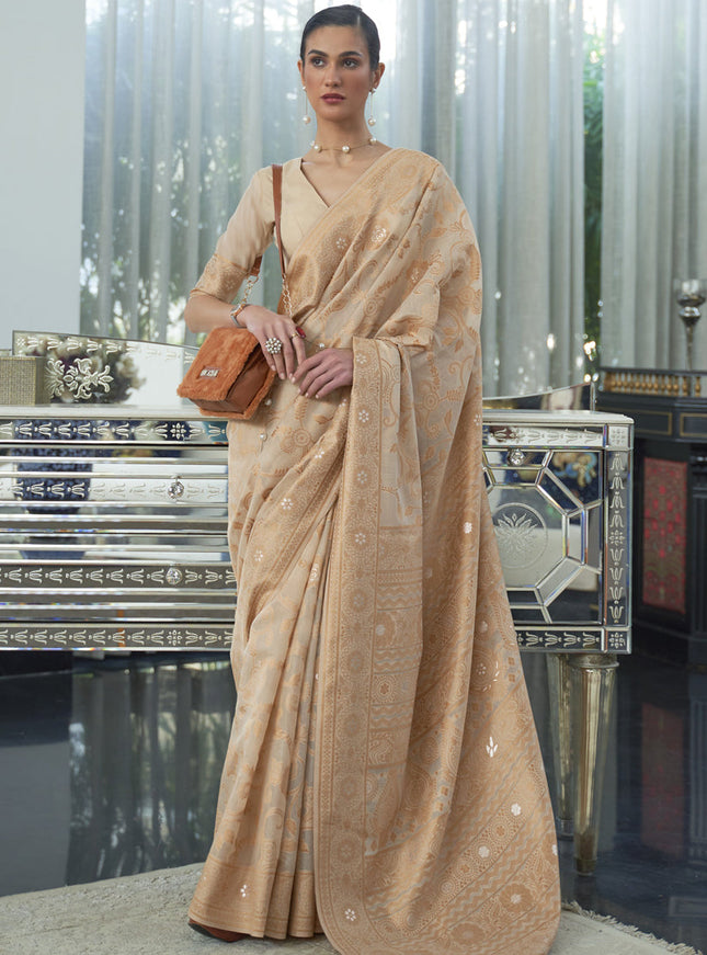 Dazzling Beige Chikankari Weaving Saree