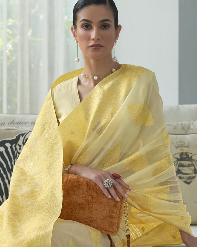 Unique Pastel Yellow Chikankari Weaving Saree