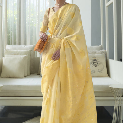 Unique Pastel Yellow Chikankari Weaving Saree