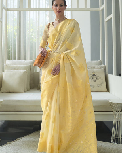 Unique Pastel Yellow Chikankari Weaving Saree