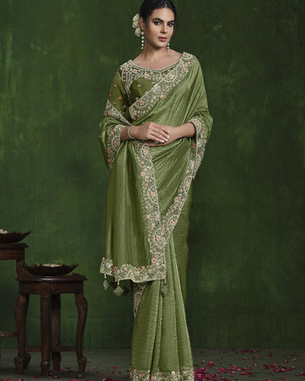 Olive Green Sequins Embroidered Designer Saree