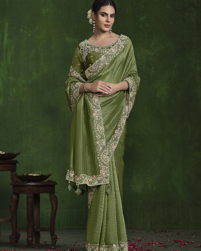 Olive Green Sequins Embroidered Designer Saree