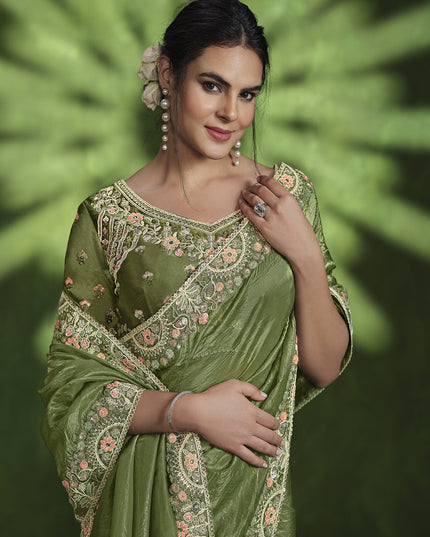 Olive Green Sequins Embroidered Designer Saree