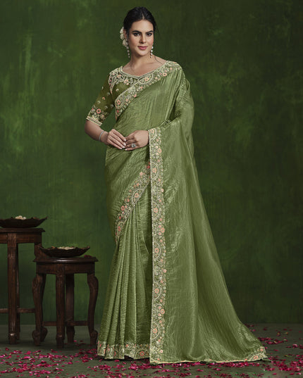 Olive Green Sequins Embroidered Designer Saree