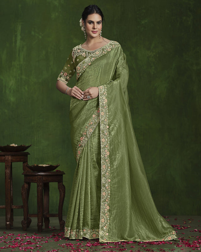 Olive Green Sequins Embroidered Designer Saree