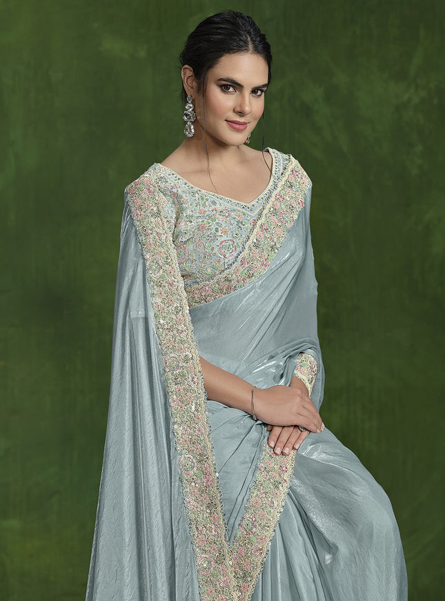 Sea Green Sequins Embroidered Designer Saree