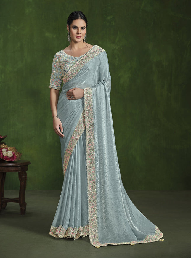 Sea Green Sequins Embroidered Designer Saree