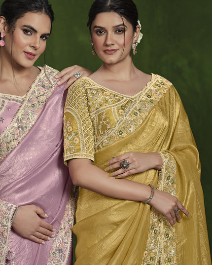 Corn Yellow Sequins Embroidered Designer Saree