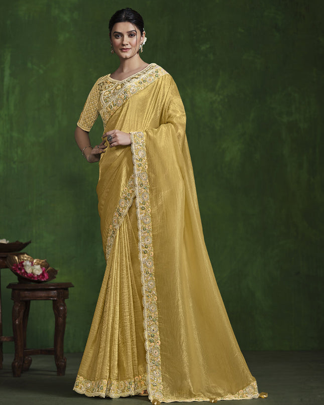 Corn Yellow Sequins Embroidered Designer Saree