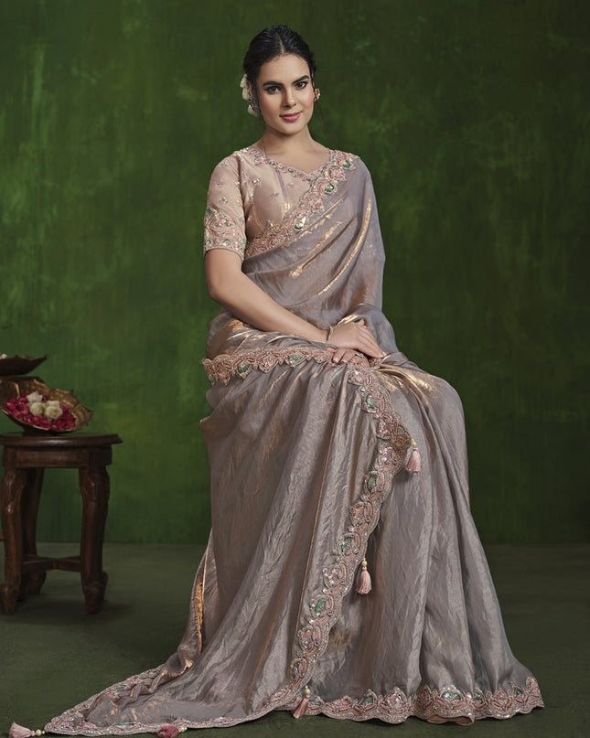 Dusty Peach Sequins Embroidered Designer Saree
