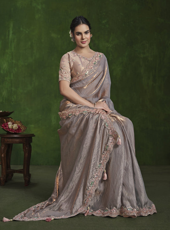 Dusty Peach Sequins Embroidered Designer Saree