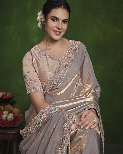 Dusty Peach Sequins Embroidered Designer Saree