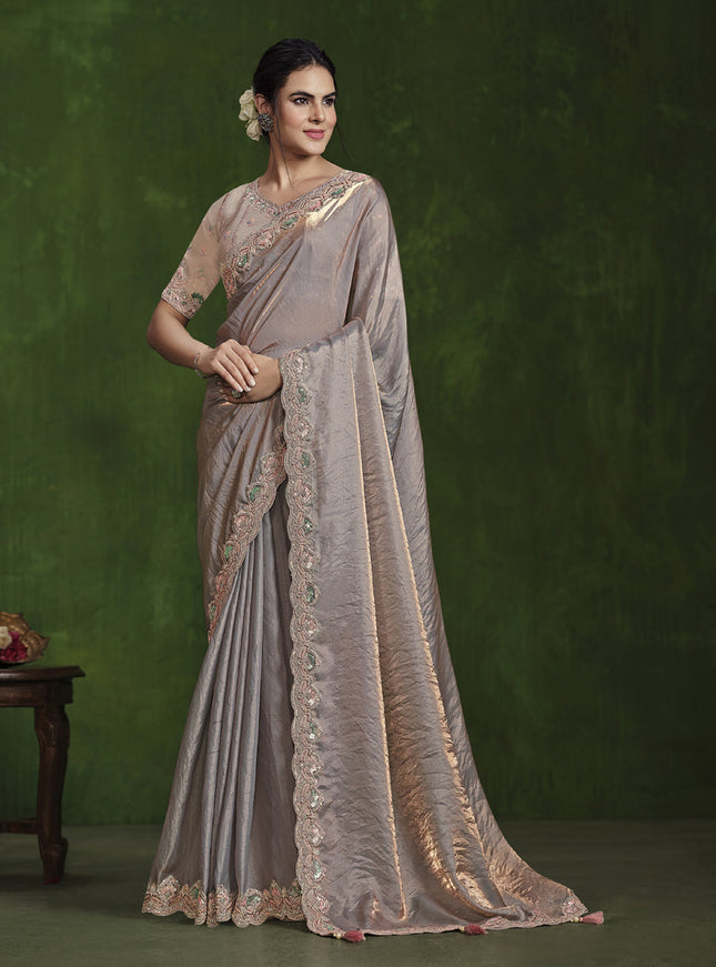 Dusty Peach Sequins Embroidered Designer Saree