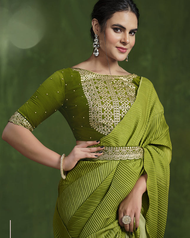 Parrot Green Sequins Embroidered Designer Saree