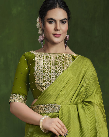 Parrot Green Sequins Embroidered Designer Saree