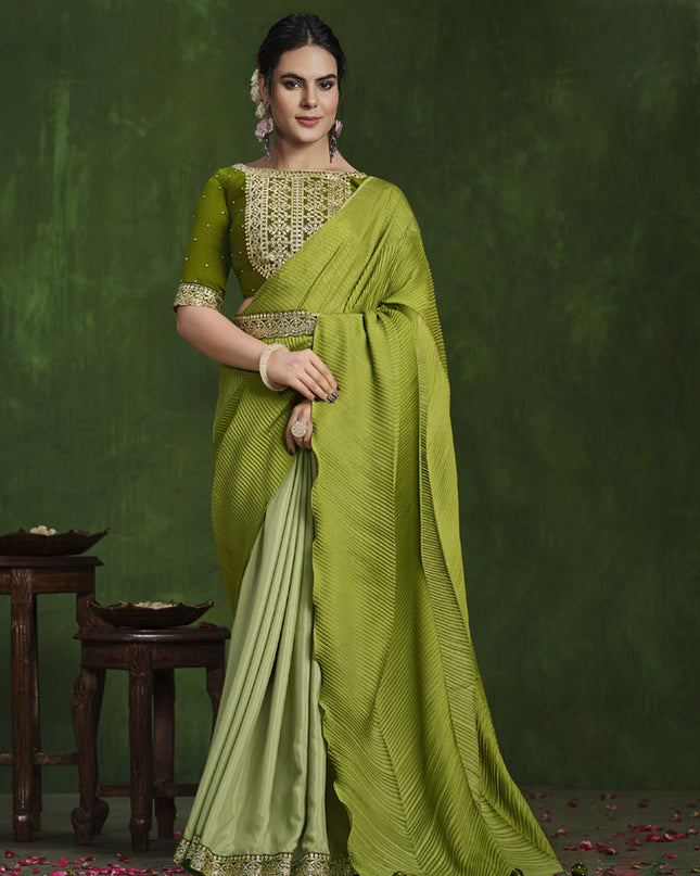 Parrot Green Sequins Embroidered Designer Saree