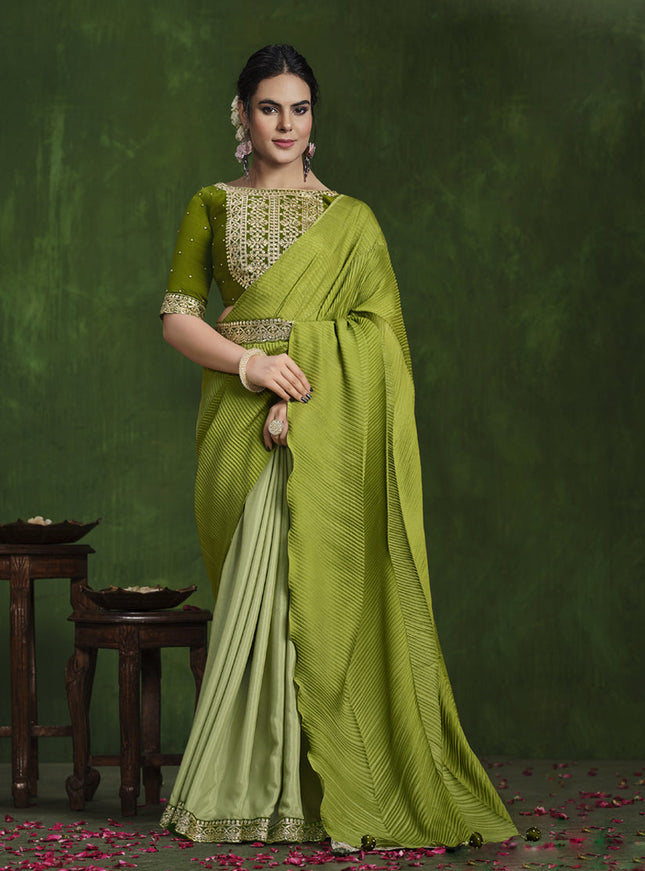 Parrot Green Sequins Embroidered Designer Saree