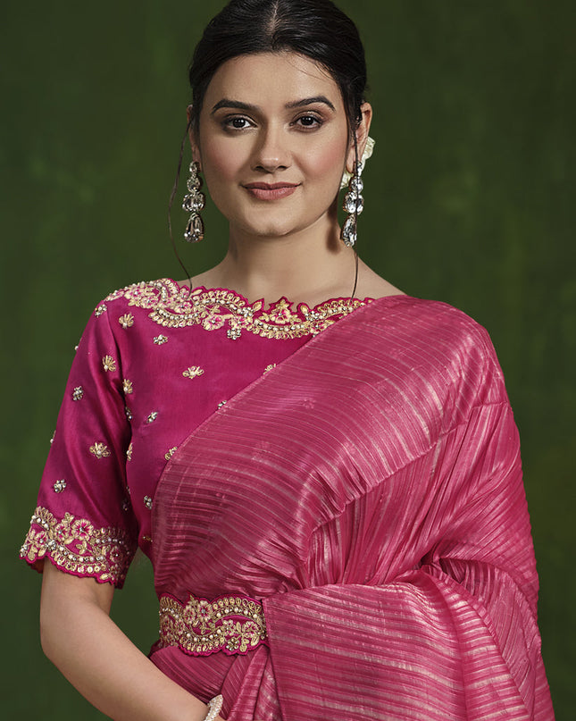 Beige and Rani Pink Sequins Embroidered Designer Saree