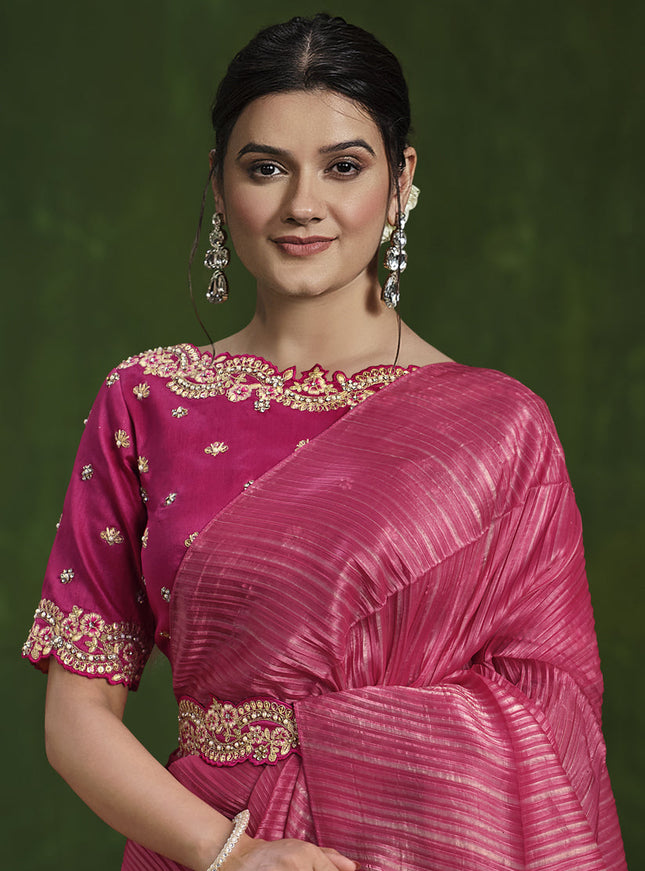 Beige and Rani Pink Sequins Embroidered Designer Saree