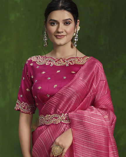 Beige and Rani Pink Sequins Embroidered Designer Saree