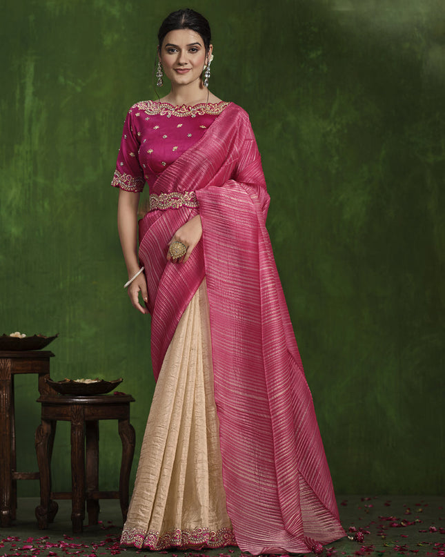 Beige and Rani Pink Sequins Embroidered Designer Saree