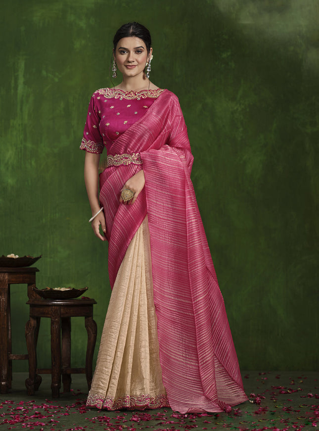 Beige and Rani Pink Sequins Embroidered Designer Saree
