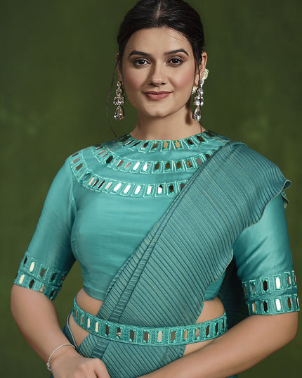 Teal Blue Sequins Embroidered Designer Saree