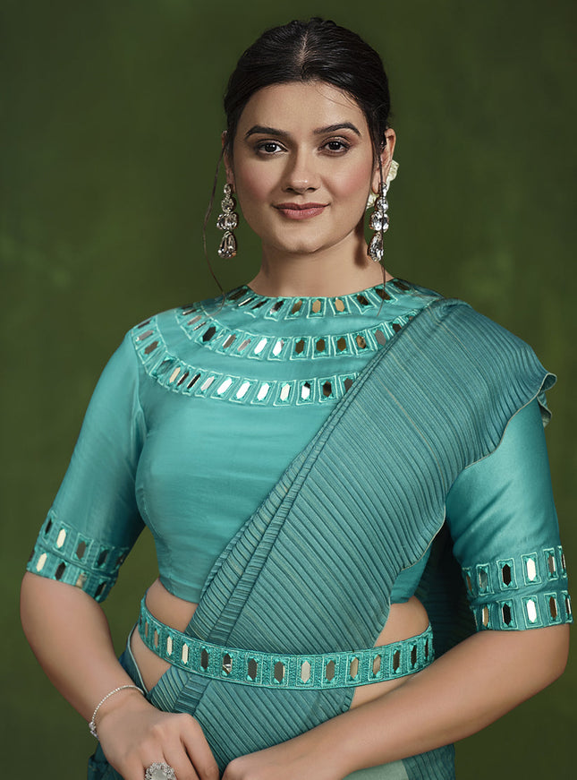 Teal Blue Sequins Embroidered Designer Saree