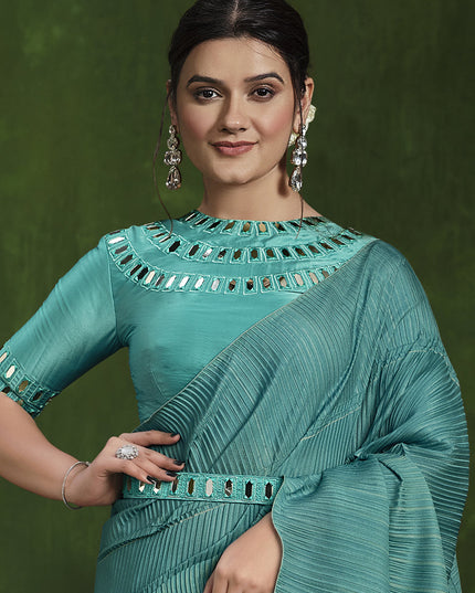 Teal Blue Sequins Embroidered Designer Saree