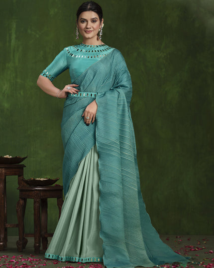Teal Blue Sequins Embroidered Designer Saree