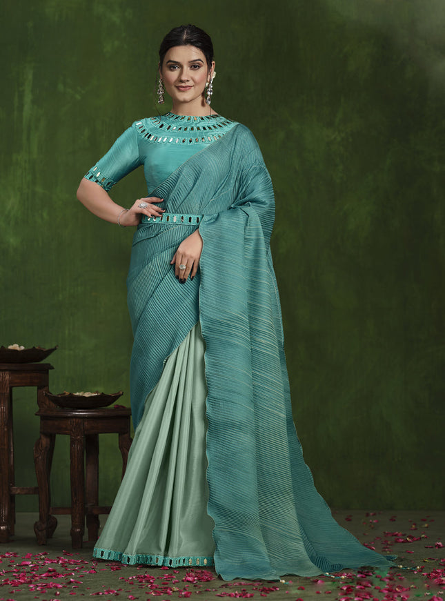 Teal Blue Sequins Embroidered Designer Saree